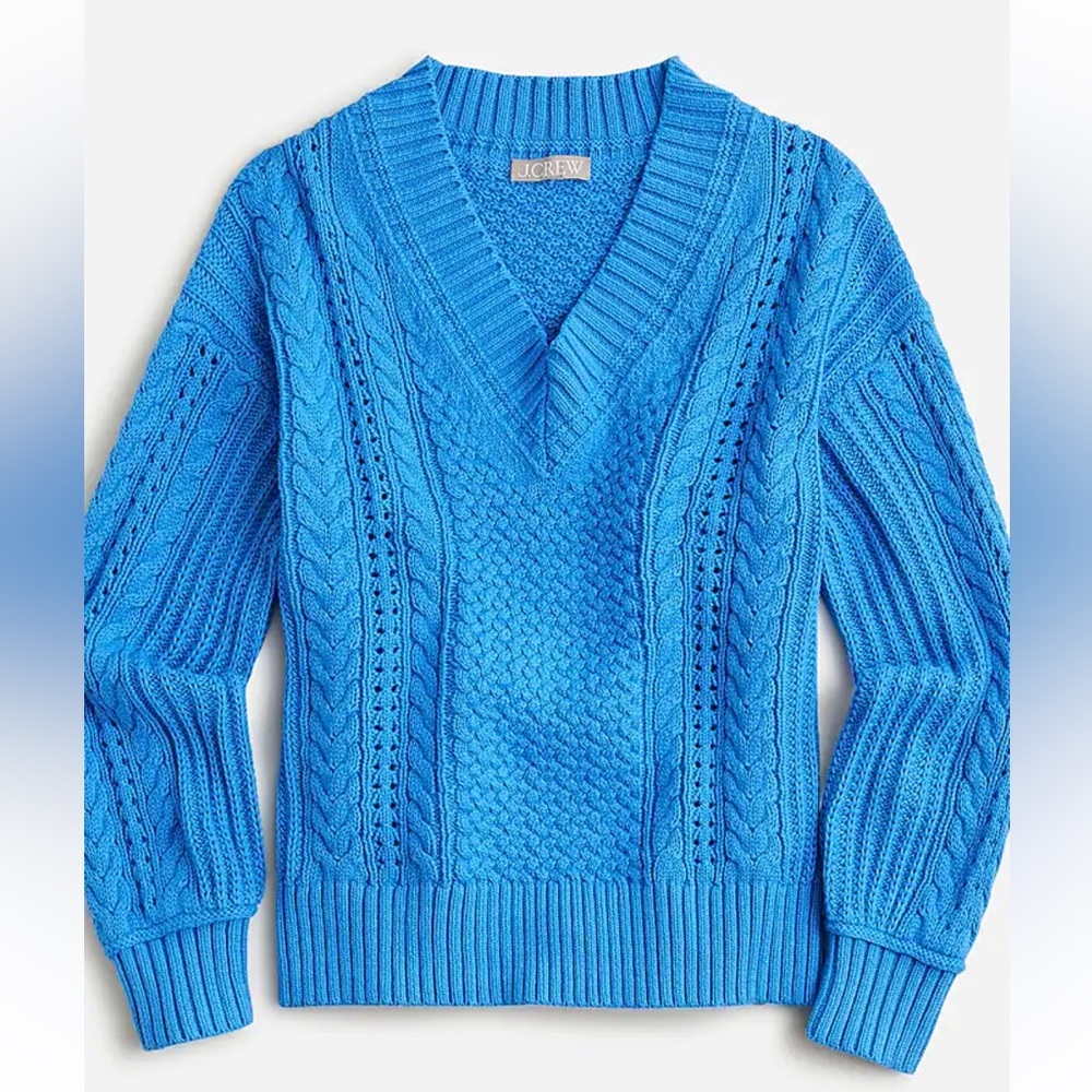 J CREW V NECK COTTON CABLEKNIT PULLOVER SWEATER BLUE LARGE 100 percent cotton